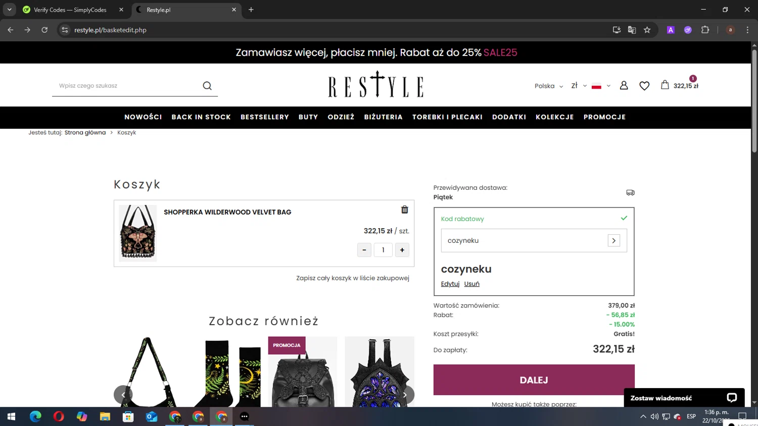 Restyle discount code screenshot showing code COZYNEKU applied at Restyle checkout page. Uploaded by SimplyCodes community member elbicho22 on Oct 22, 2025
