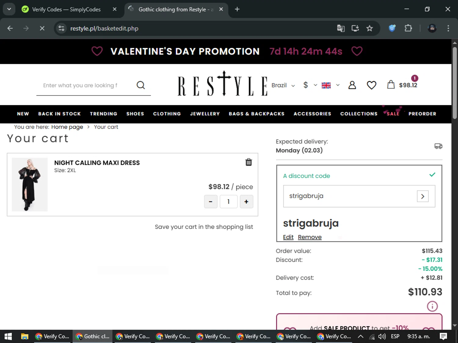 Restyle checkout page showing Restyle discount code box | Screenshot taken by SimplyCodes community member on Feb 15, 2026