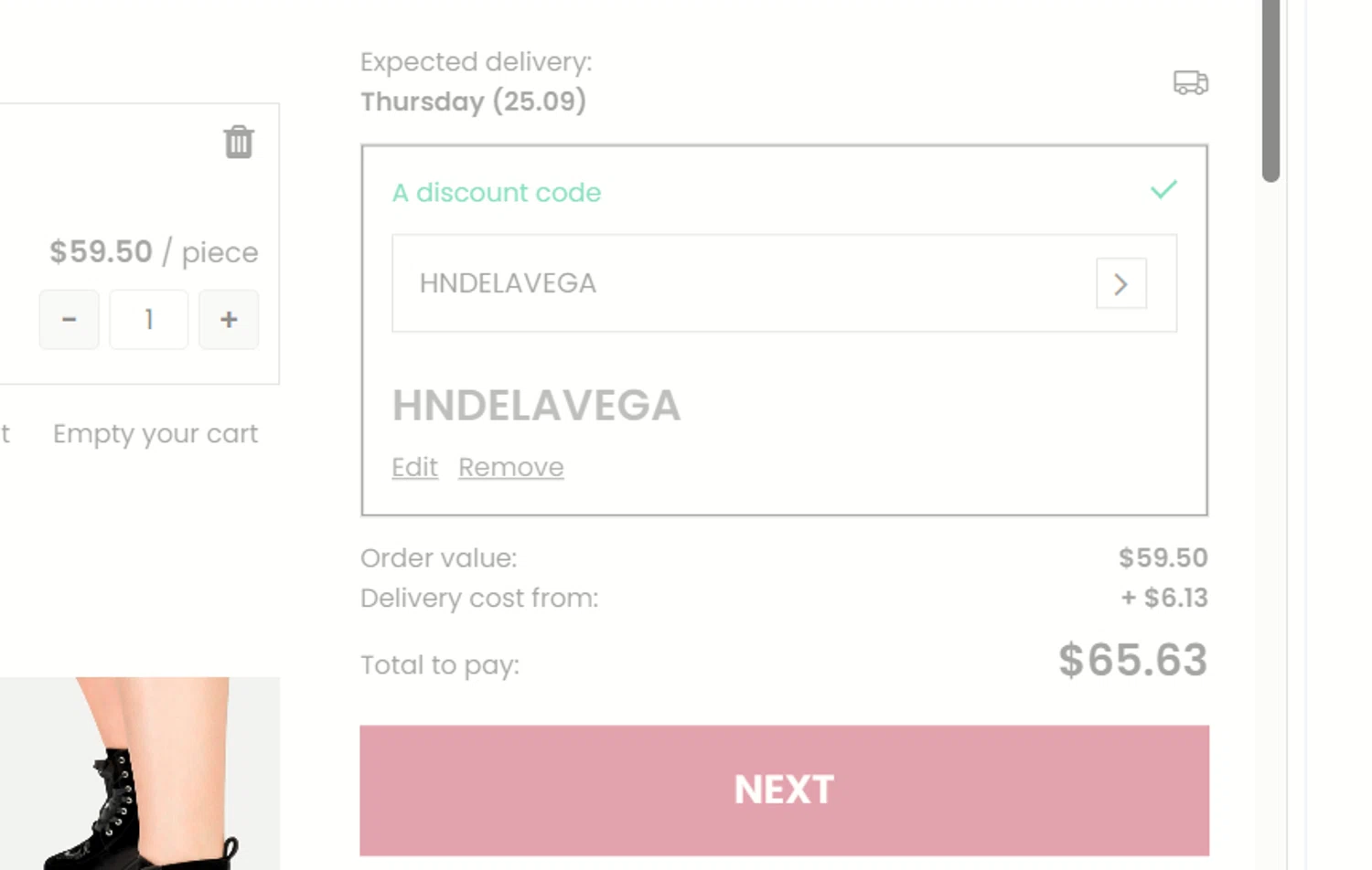 Restyle discount code screenshot showing code HNDELAVEGA applied at Restyle checkout page. Uploaded by SimplyCodes community member mangoBajito1543 on Aug 25, 2025