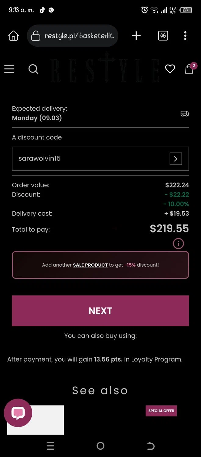Restyle discount code screenshot showing code sarawolvin15 applied at Restyle checkout page. Uploaded by SimplyCodes community member Pipina11 on Feb 20, 2026