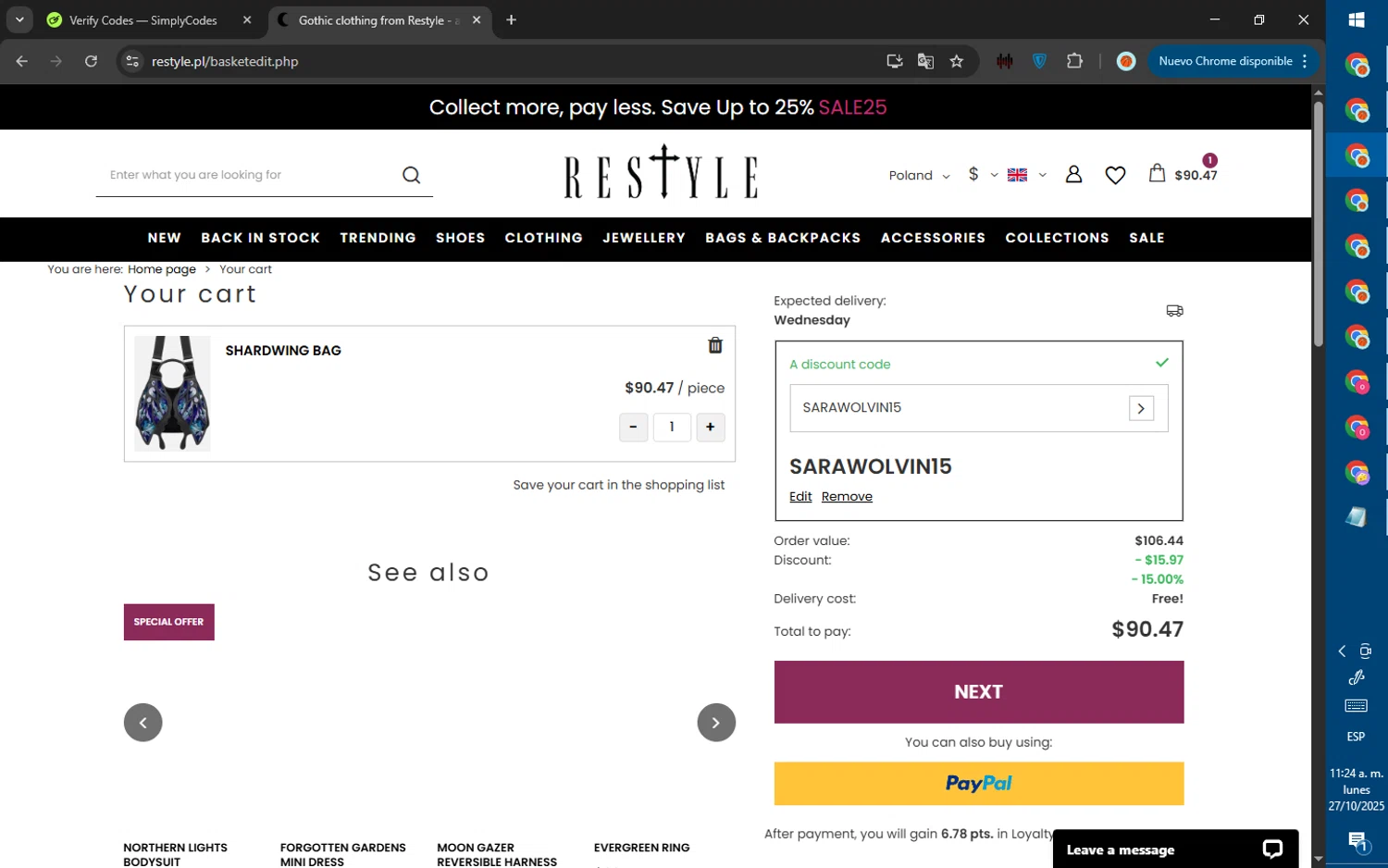 Restyle discount code screenshot showing code sarawolvin15 applied at Restyle checkout page. Uploaded by SimplyCodes community member ValiantWarden8956 on Oct 27, 2025