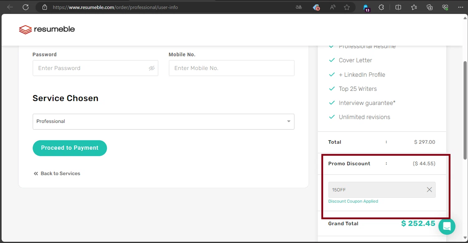 where to use Resumeble promo code box