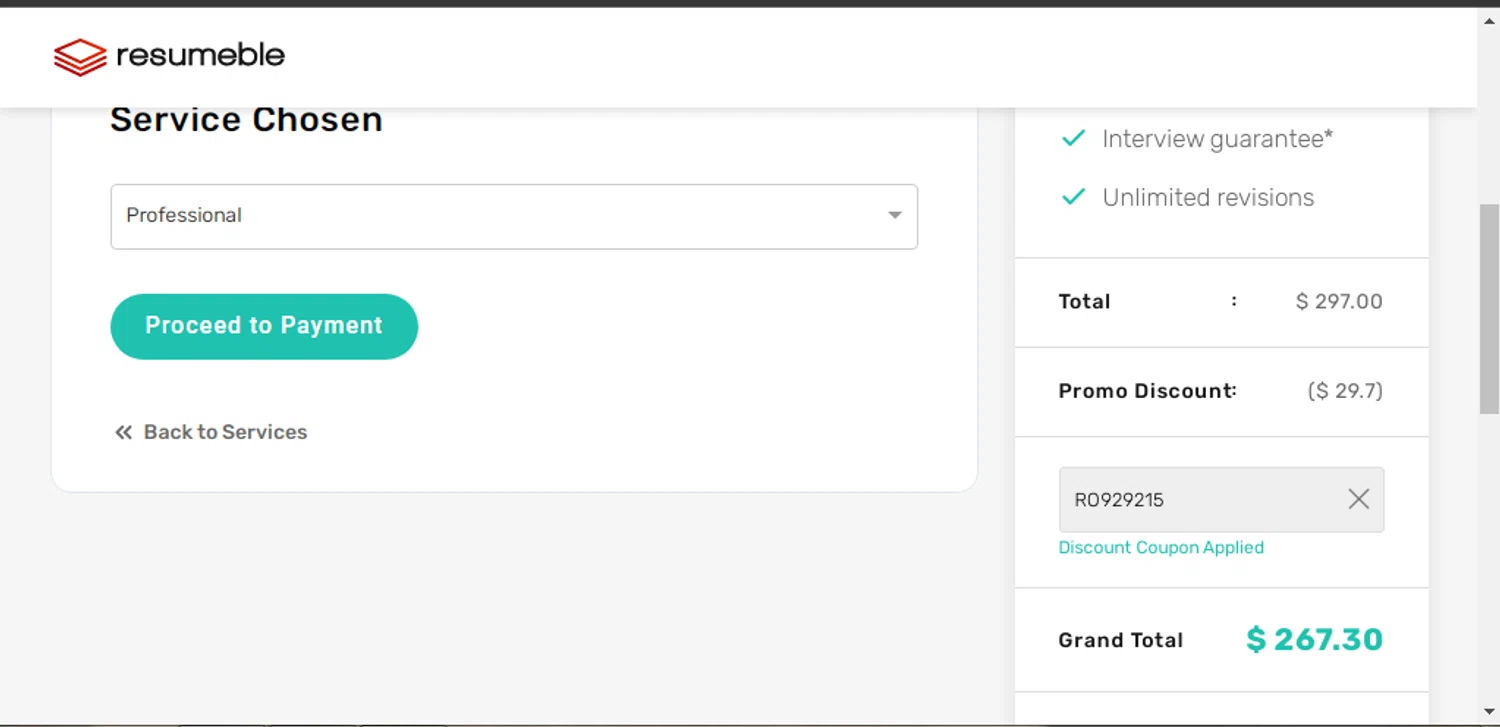 Resumeble checkout page showing Resumeble discount code box | Screenshot taken by SimplyCodes community member on Mar 1, 2024