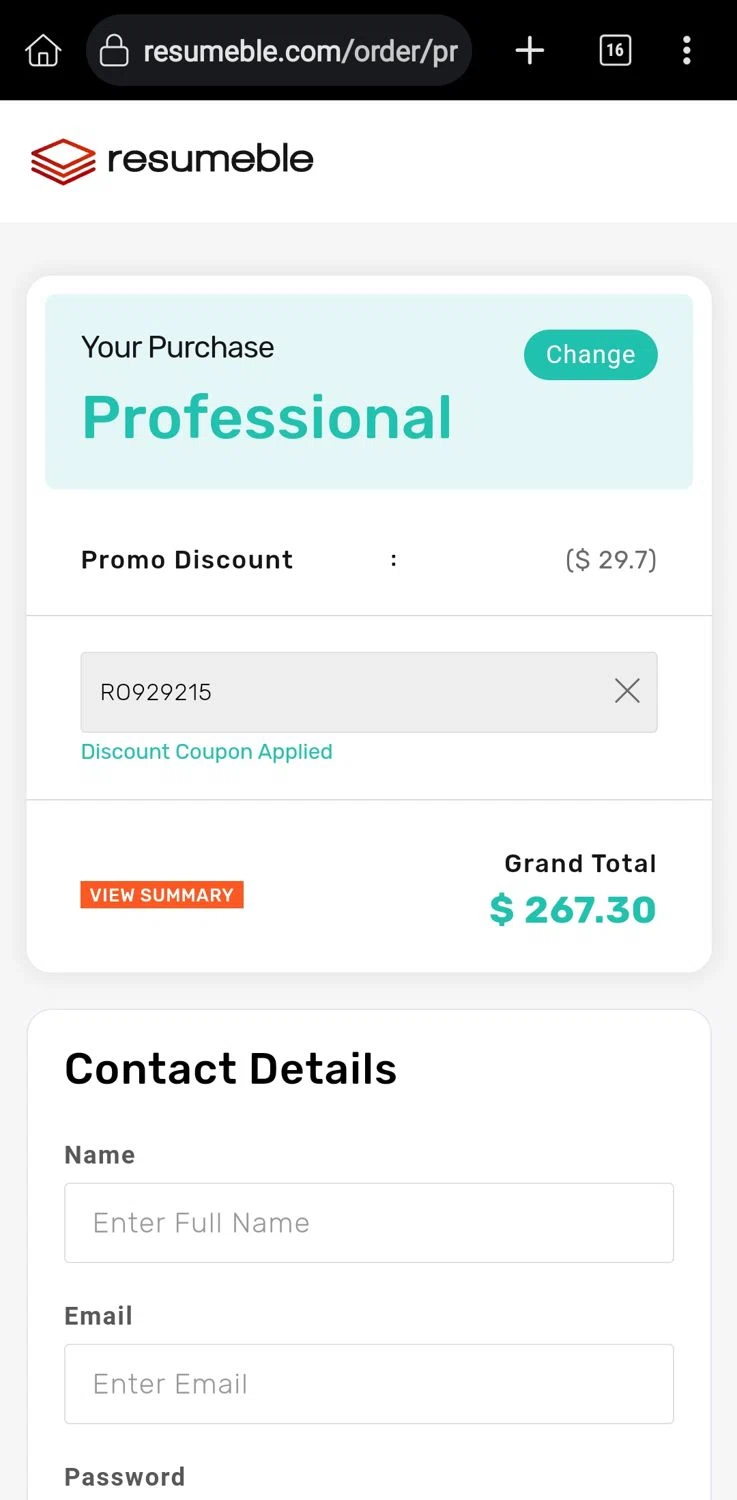 Resumeble checkout page showing Resumeble discount code box | Screenshot taken by SimplyCodes community member on Mar 1, 2024