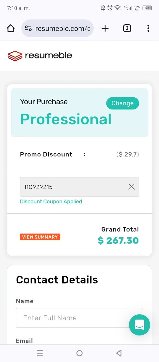 Resumeble checkout page showing Resumeble discount code box | Screenshot taken by SimplyCodes community member on Feb 13, 2024