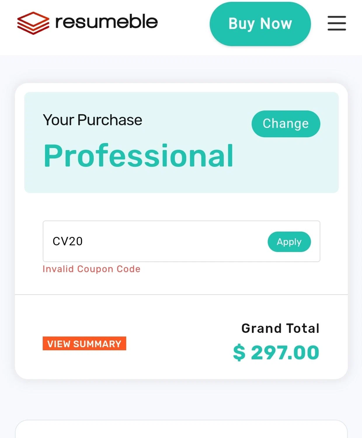 Resumeble discount code screenshot showing code CV20 applied at Resumeble checkout page. Uploaded by SimplyCodes community member JuanMonge on Apr 25, 2025