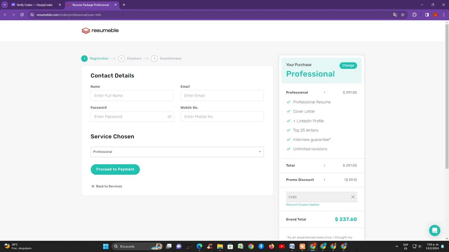 Resumeble checkout page showing Resumeble discount code box | Screenshot taken by SimplyCodes community member on Feb 13, 2024