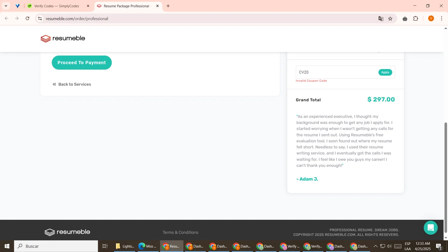 Resumeble discount code screenshot showing code CV20 applied at Resumeble checkout page. Uploaded by SimplyCodes community member GoldDefender8866 on Apr 25, 2025