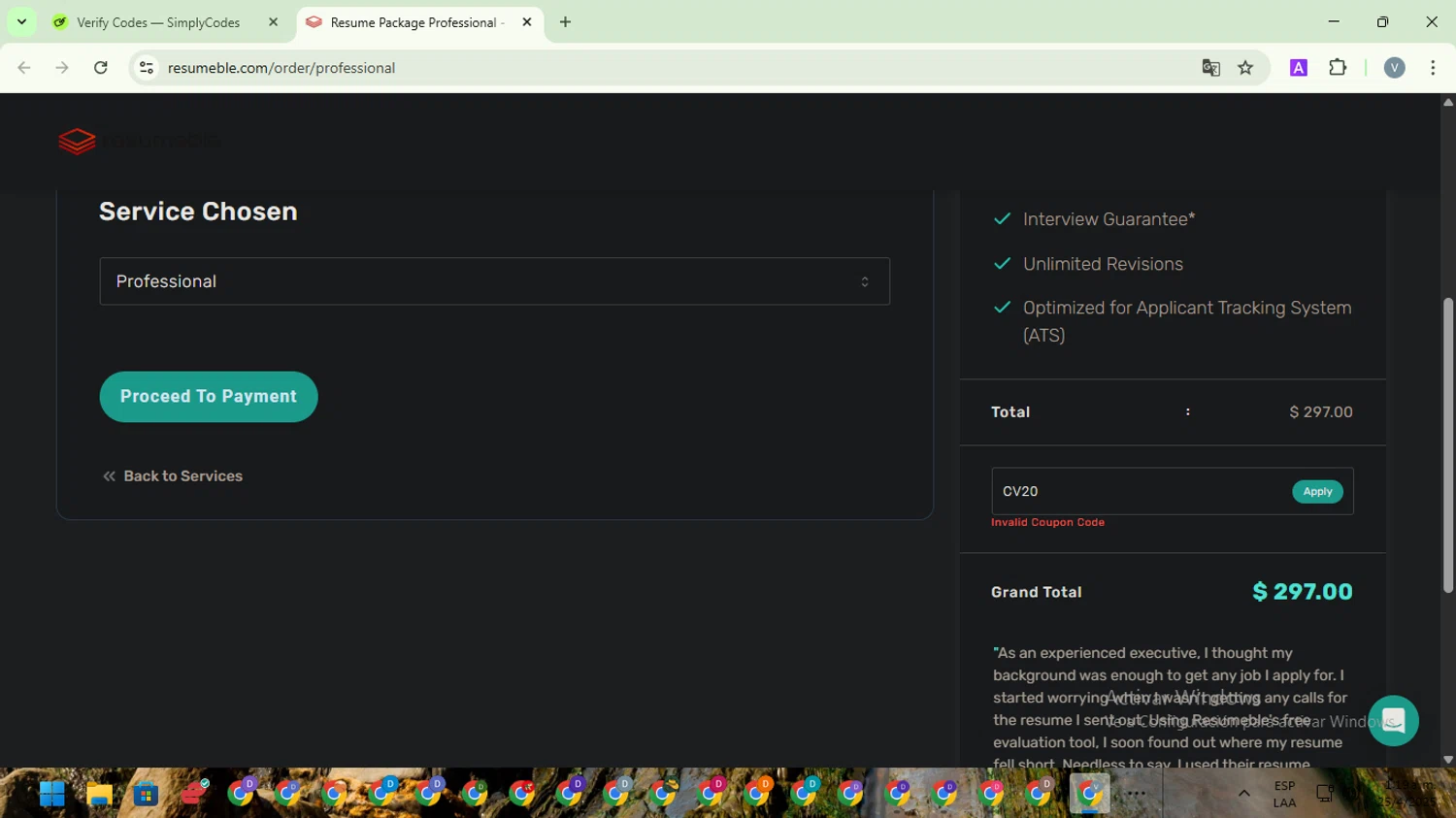 Resumeble discount code screenshot showing code CV20 applied at Resumeble checkout page. Uploaded by SimplyCodes community member SwiftScout1619 on Apr 25, 2025