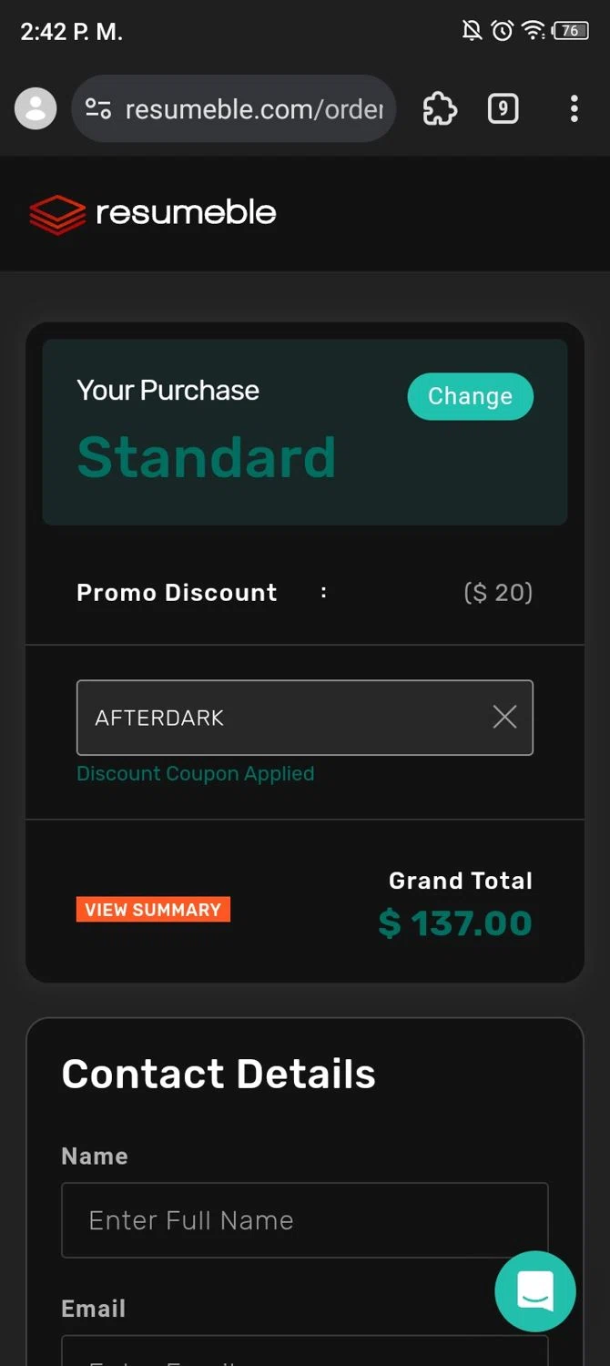 Resumeble checkout page showing Resumeble discount code box | Screenshot taken by SimplyCodes community member on Apr 30, 2024