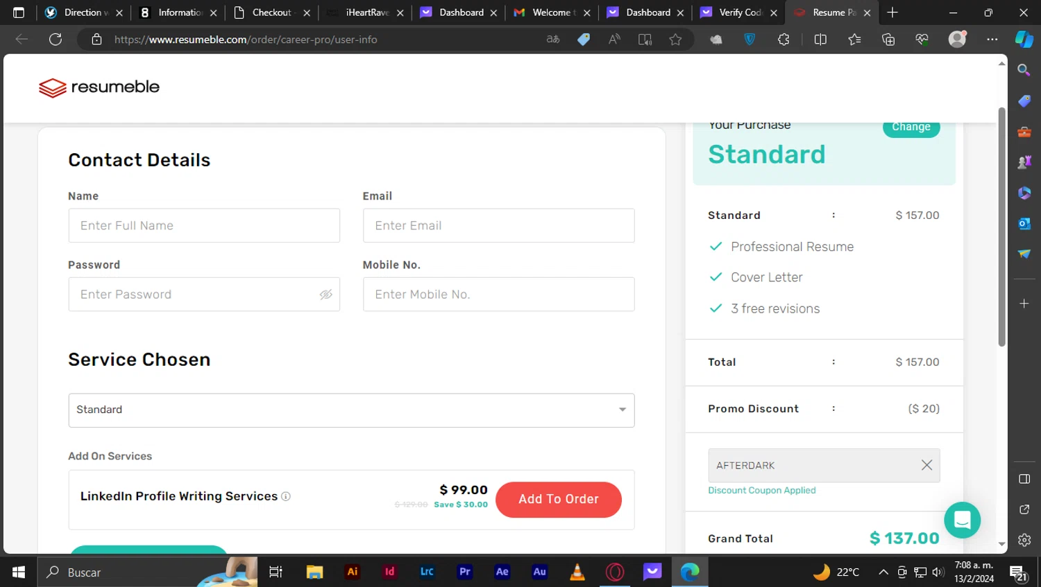 Resumeble checkout page showing Resumeble discount code box | Screenshot taken by SimplyCodes community member on Feb 13, 2024
