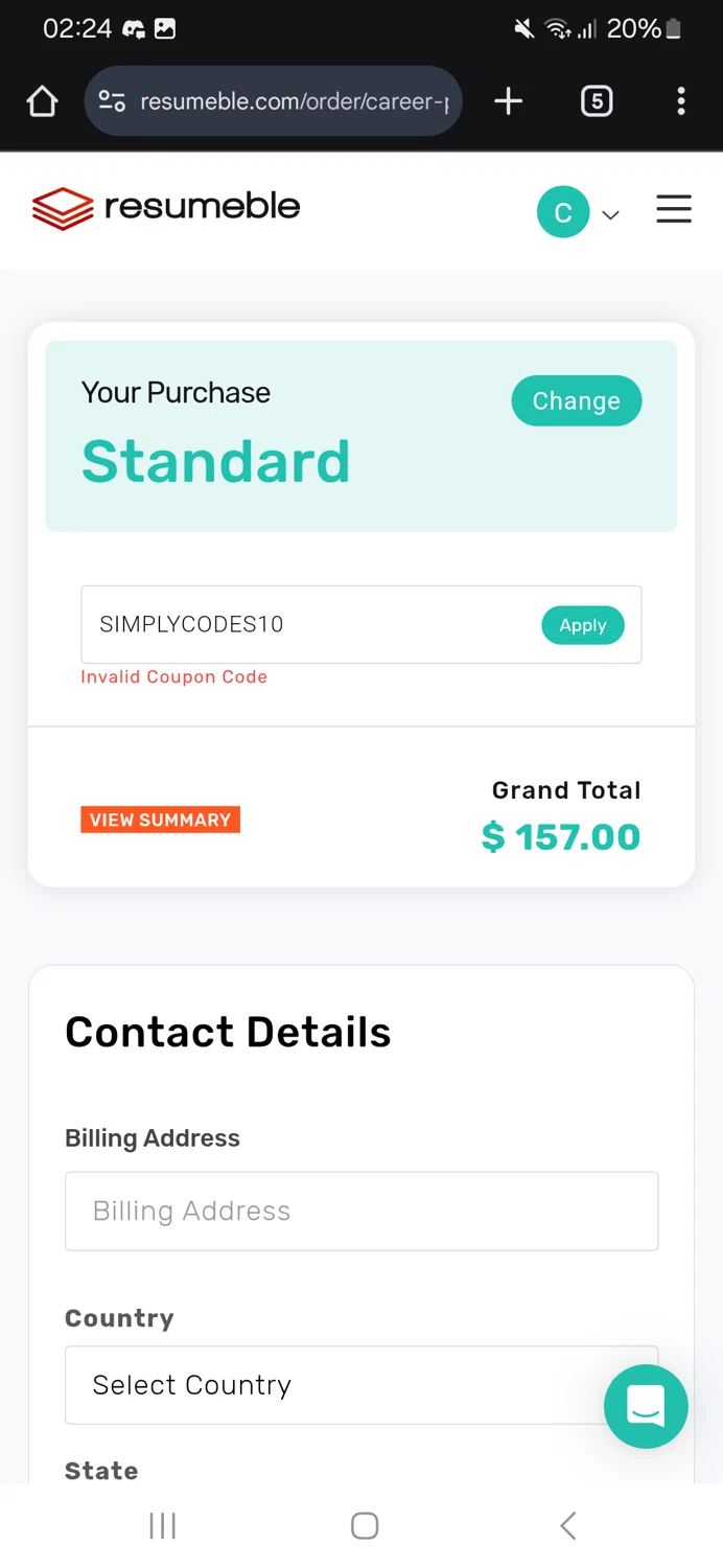 Resumeble discount code screenshot showing code SIMPLYCODES10 applied at Resumeble checkout page. Uploaded by SimplyCodes community member bnuuuuy on Apr 25, 2025