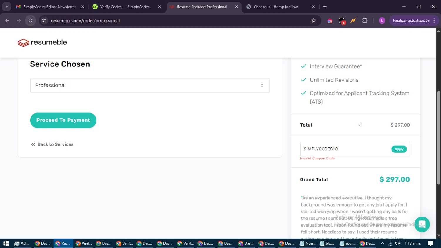 Resumeble discount code screenshot showing code SIMPLYCODES10 applied at Resumeble checkout page. Uploaded by SimplyCodes community member RewardScout5160 on Apr 25, 2025