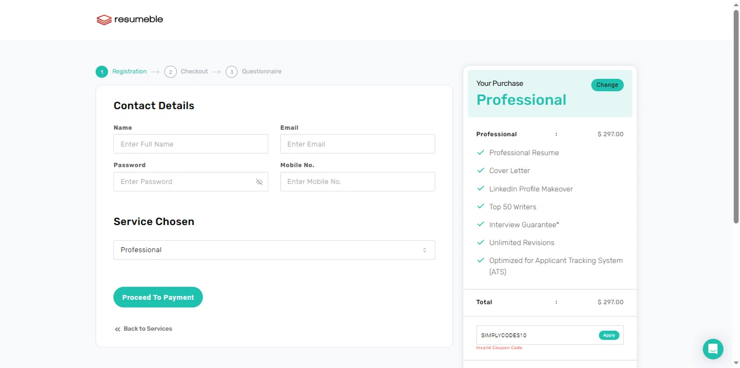 Resumeble discount code screenshot showing code SIMPLYCODES10 applied at Resumeble checkout page. Uploaded by SimplyCodes community member renegul on Apr 25, 2025