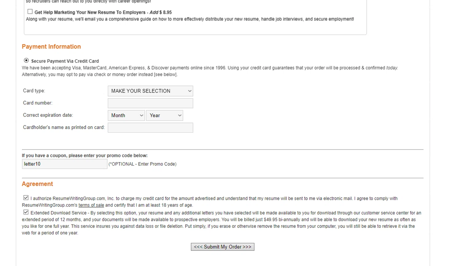 Resume Writing Group checkout page showing Resume Writing Group promo code box | Screenshot taken by SimplyCodes community member on Mar 1, 2025
