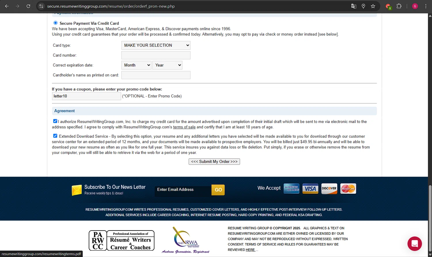 Resume Writing Group promo code screenshot showing code letter10 applied at Resume Writing Group checkout page. Uploaded by SimplyCodes community member QuestMaven9791 on Mar 23, 2025