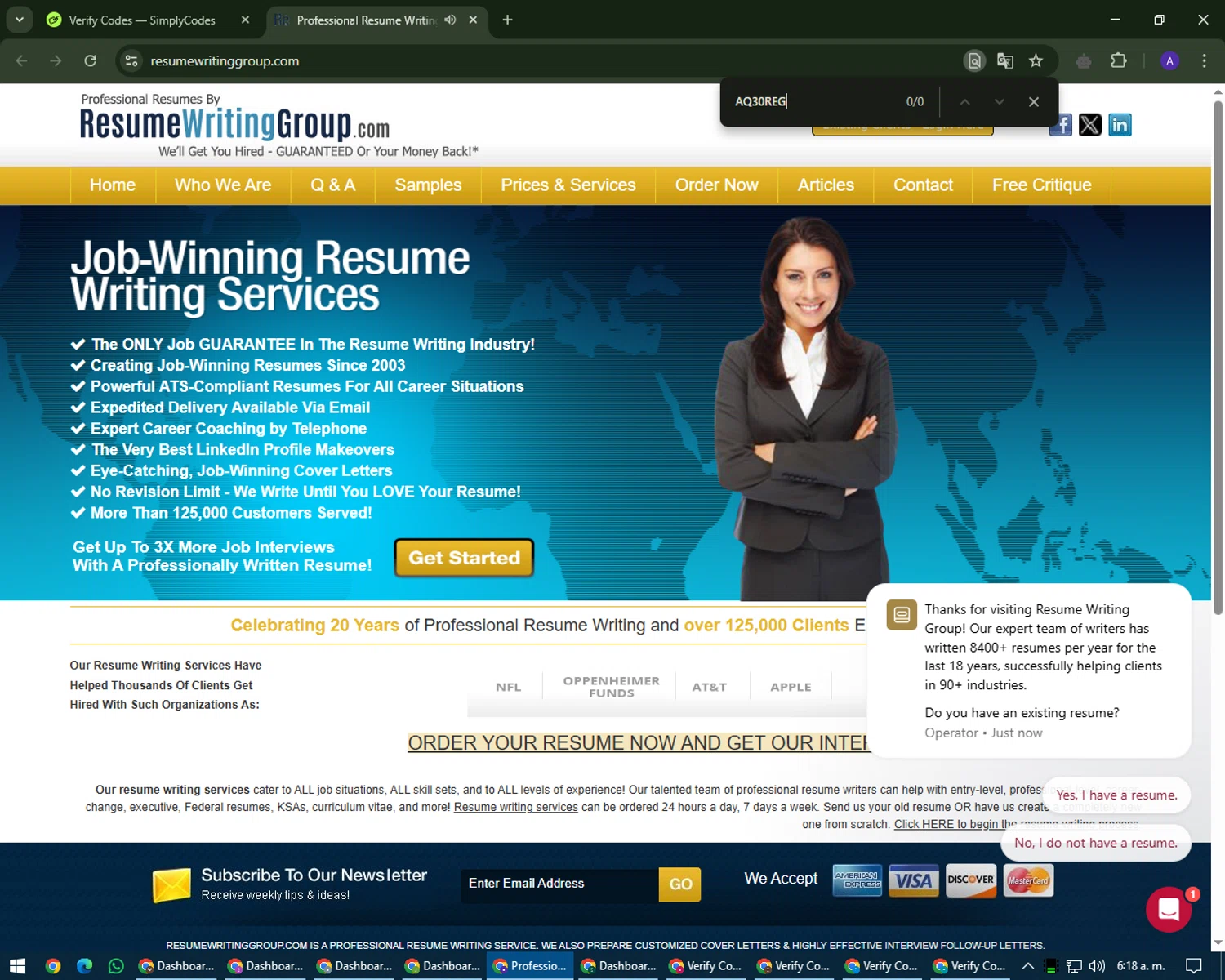Resume Writing Group promo code screenshot showing code AQ30REG applied at Resume Writing Group checkout page. Uploaded by SimplyCodes community member MagnificentWarden4603 on Mar 23, 2025