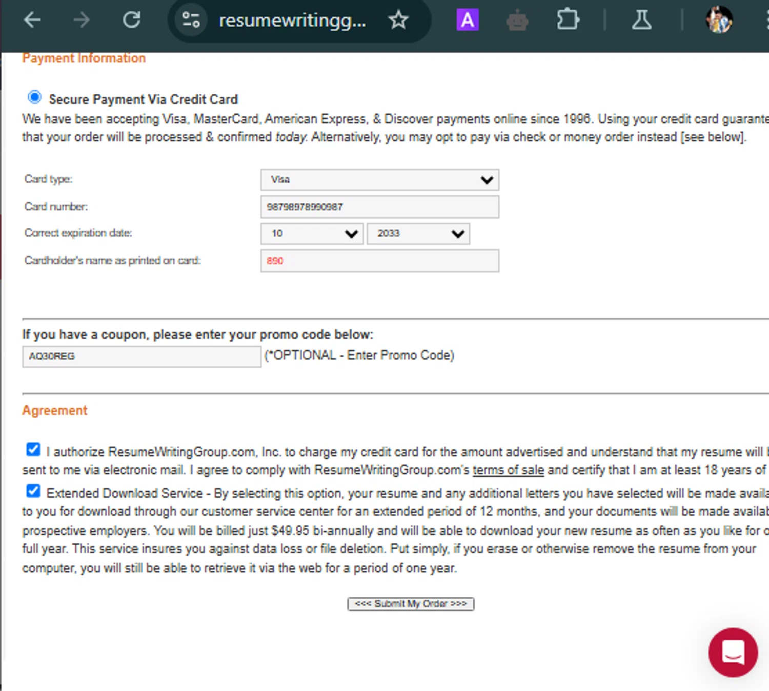 Resume Writing Group checkout page showing Resume Writing Group promo code box | Screenshot taken by SimplyCodes community member on Mar 23, 2025