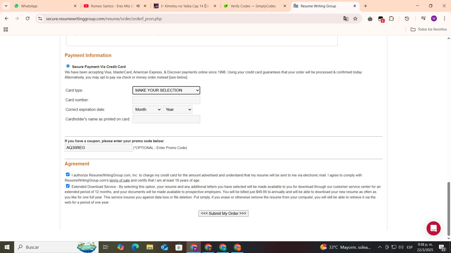 Resume Writing Group checkout page showing Resume Writing Group promo code box | Screenshot taken by SimplyCodes community member on Mar 23, 2025