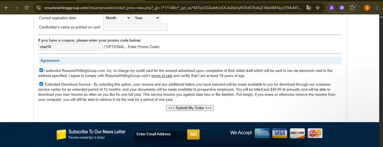Resume Writing Group promo code screenshot showing code chat10 applied at Resume Writing Group checkout page. Uploaded by SimplyCodes community member PennyAdmiral6960 on Jul 14, 2025