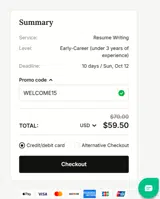 WELCOME15 coupon verification screenshot