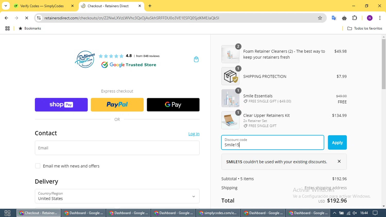 Retainers Direct discount code screenshot showing code Smile15 applied at Retainers Direct checkout page. Uploaded by SimplyCodes community member CleverCurator2158 on Jan 16, 2025