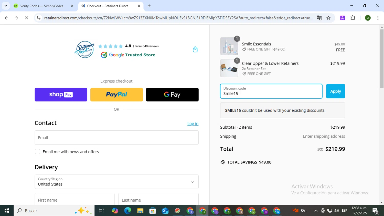 Retainers Direct discount code screenshot showing code Smile15 applied at Retainers Direct checkout page. Uploaded by SimplyCodes community member CleverSeeker3529 on Feb 17, 2025