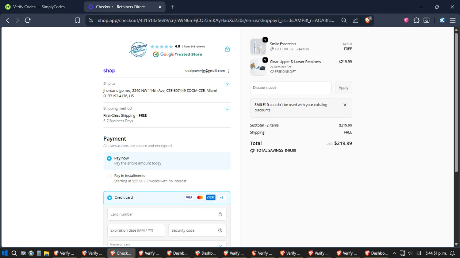 Retainers Direct discount code screenshot showing code SMILE10 applied at Retainers Direct checkout page. Uploaded by SimplyCodes community member Jgomez on Dec 23, 2025