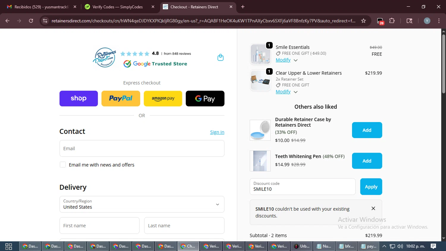 Retainers Direct discount code screenshot showing code SMILE10 applied at Retainers Direct checkout page. Uploaded by SimplyCodes community member MoneyTiger5162 on Nov 3, 2025