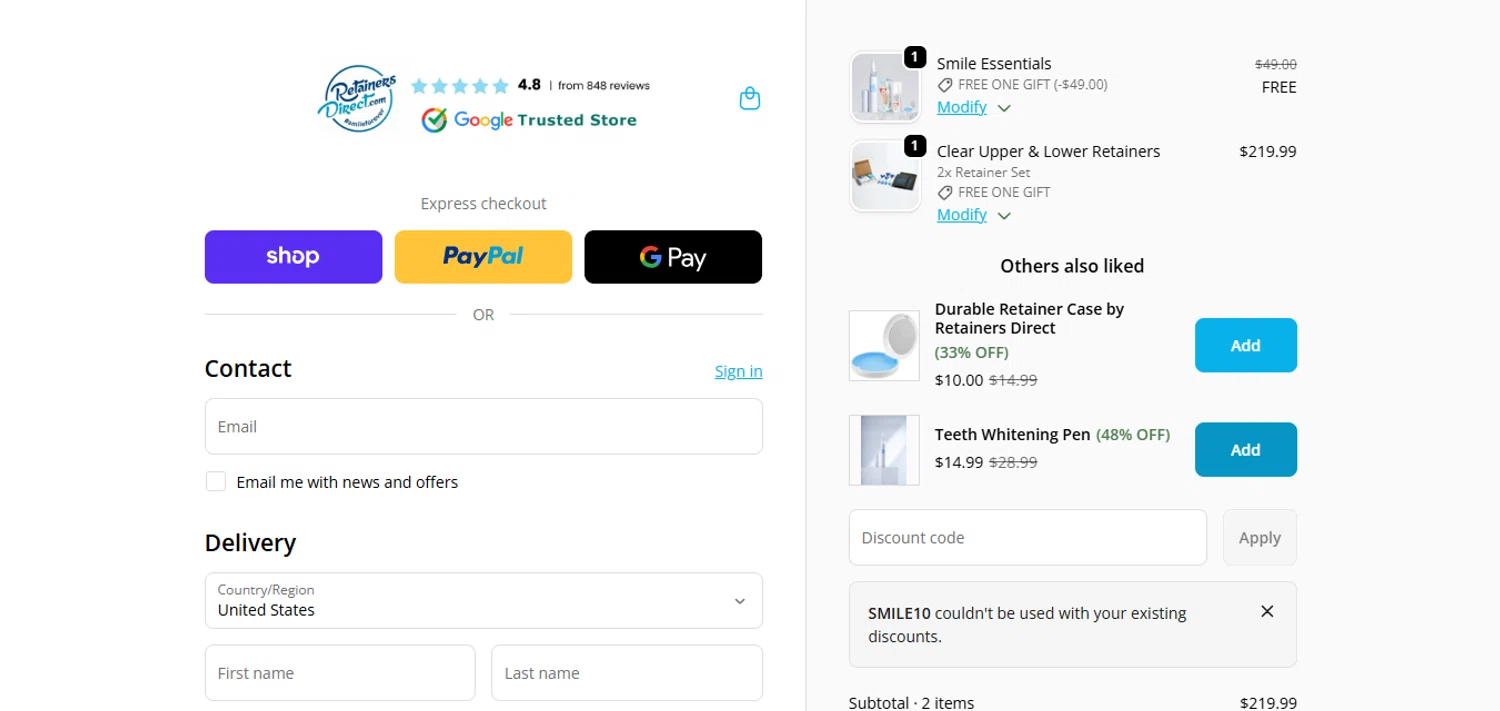Retainers Direct discount code screenshot showing code SMILE10 applied at Retainers Direct checkout page. Uploaded by SimplyCodes community member juanisaac on Jan 2, 2026