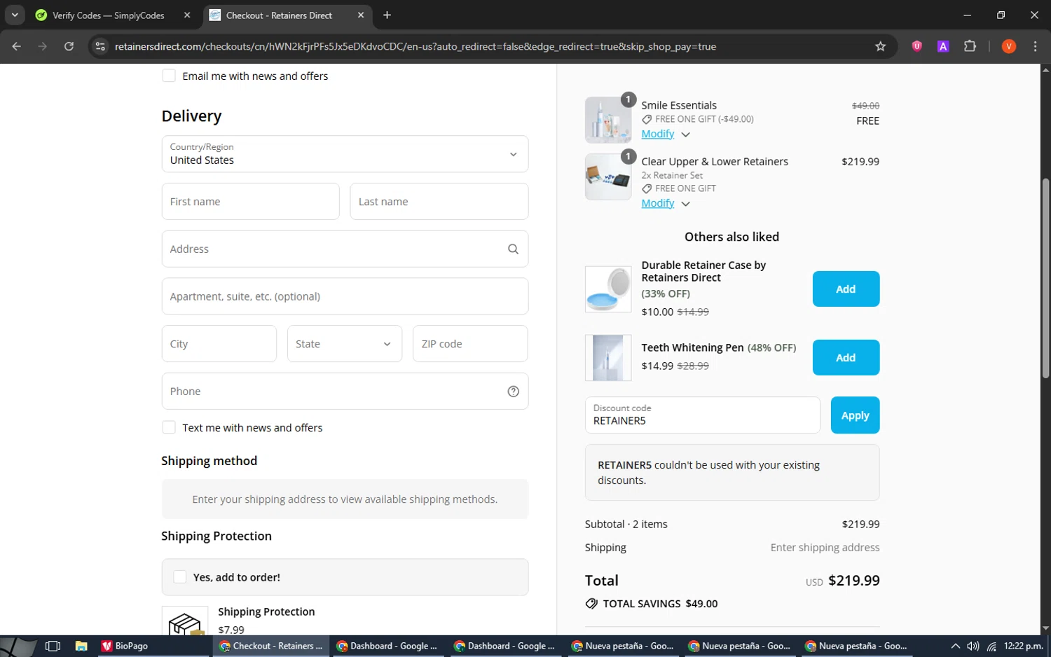 Retainers Direct discount code screenshot showing code RETAINER5 applied at Retainers Direct checkout page. Uploaded by SimplyCodes community member SavingsCaptain8190 on Sep 8, 2025