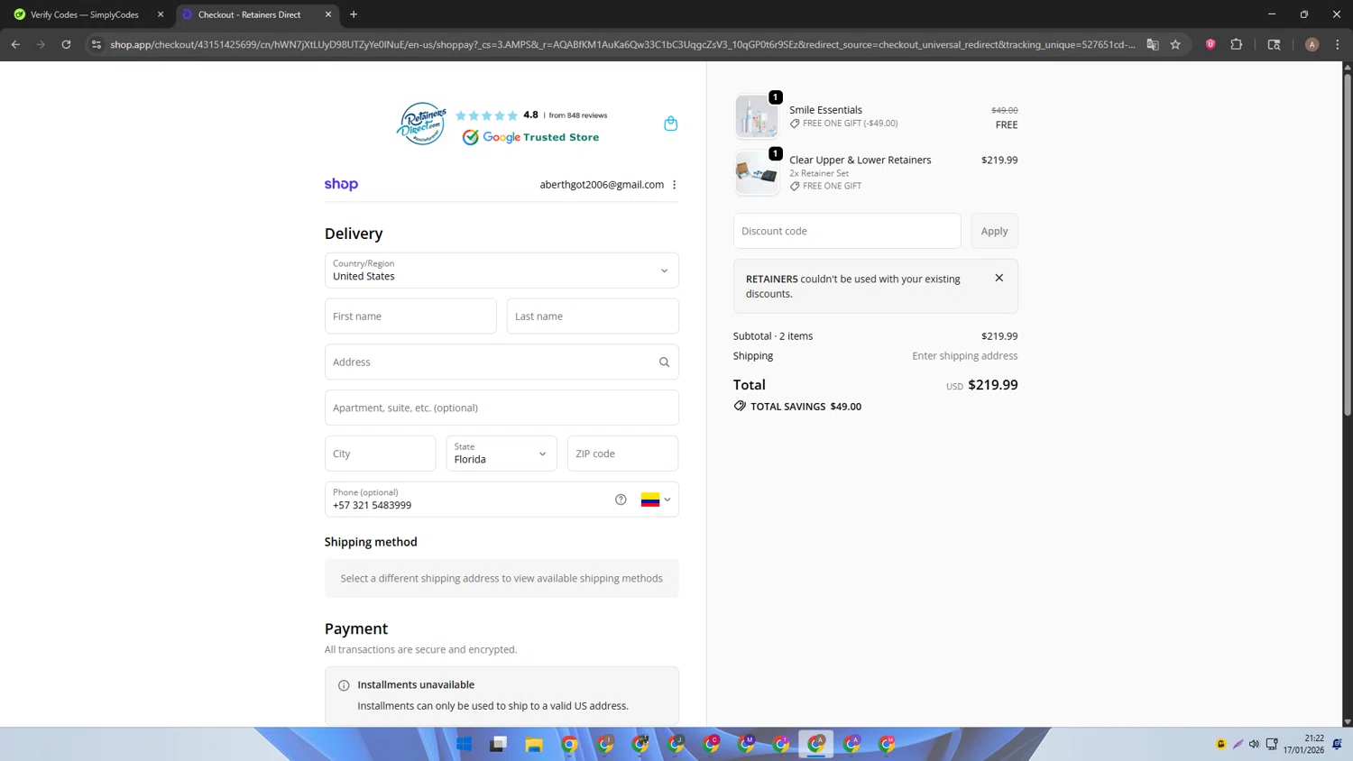 Retainers Direct discount code screenshot showing code RETAINER5 applied at Retainers Direct checkout page. Uploaded by SimplyCodes community member SwiftSage2309 on Jan 18, 2026