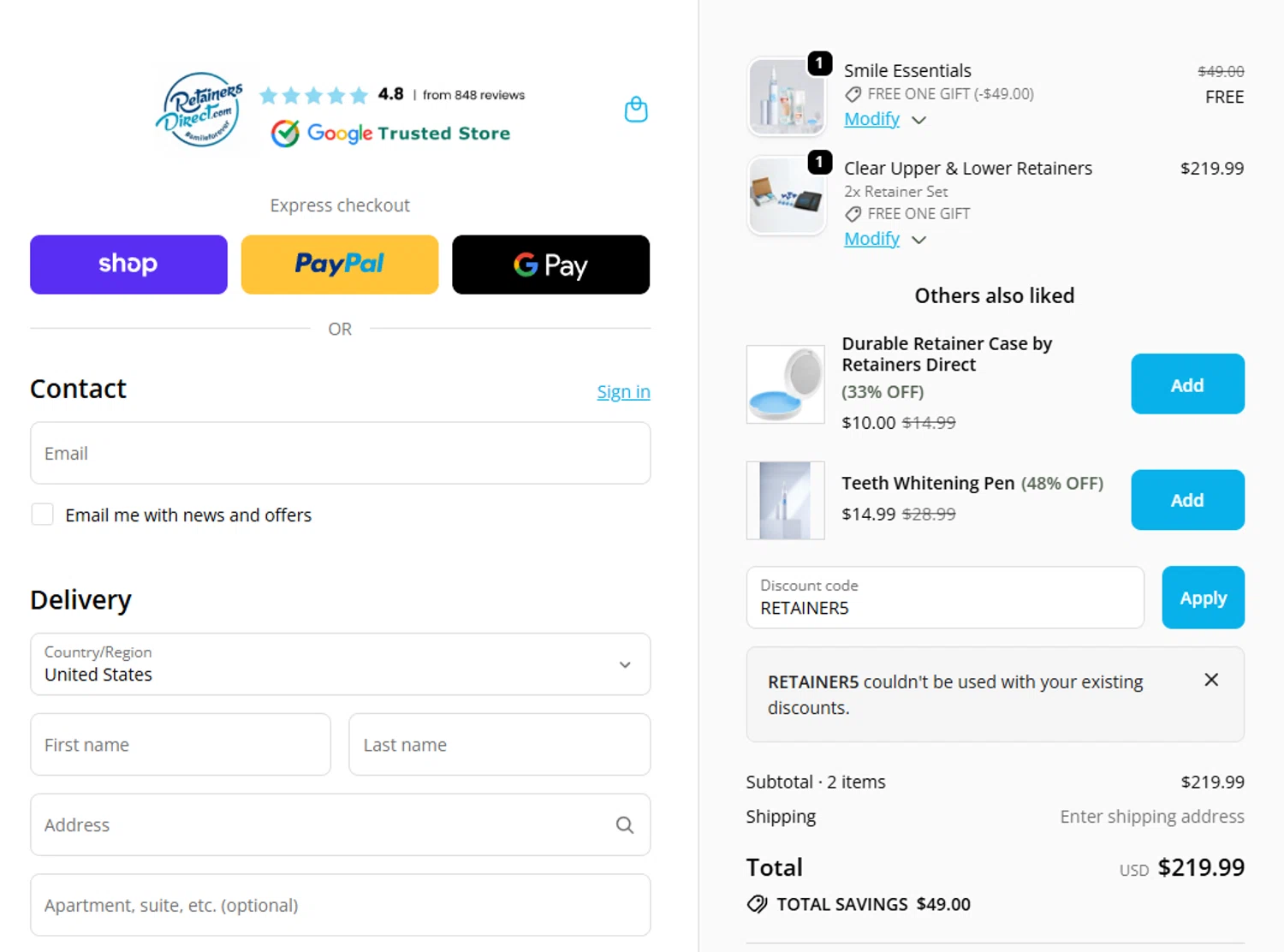 Retainers Direct discount code screenshot showing code RETAINER5 applied at Retainers Direct checkout page. Uploaded by SimplyCodes community member salepmigajera on Nov 9, 2025