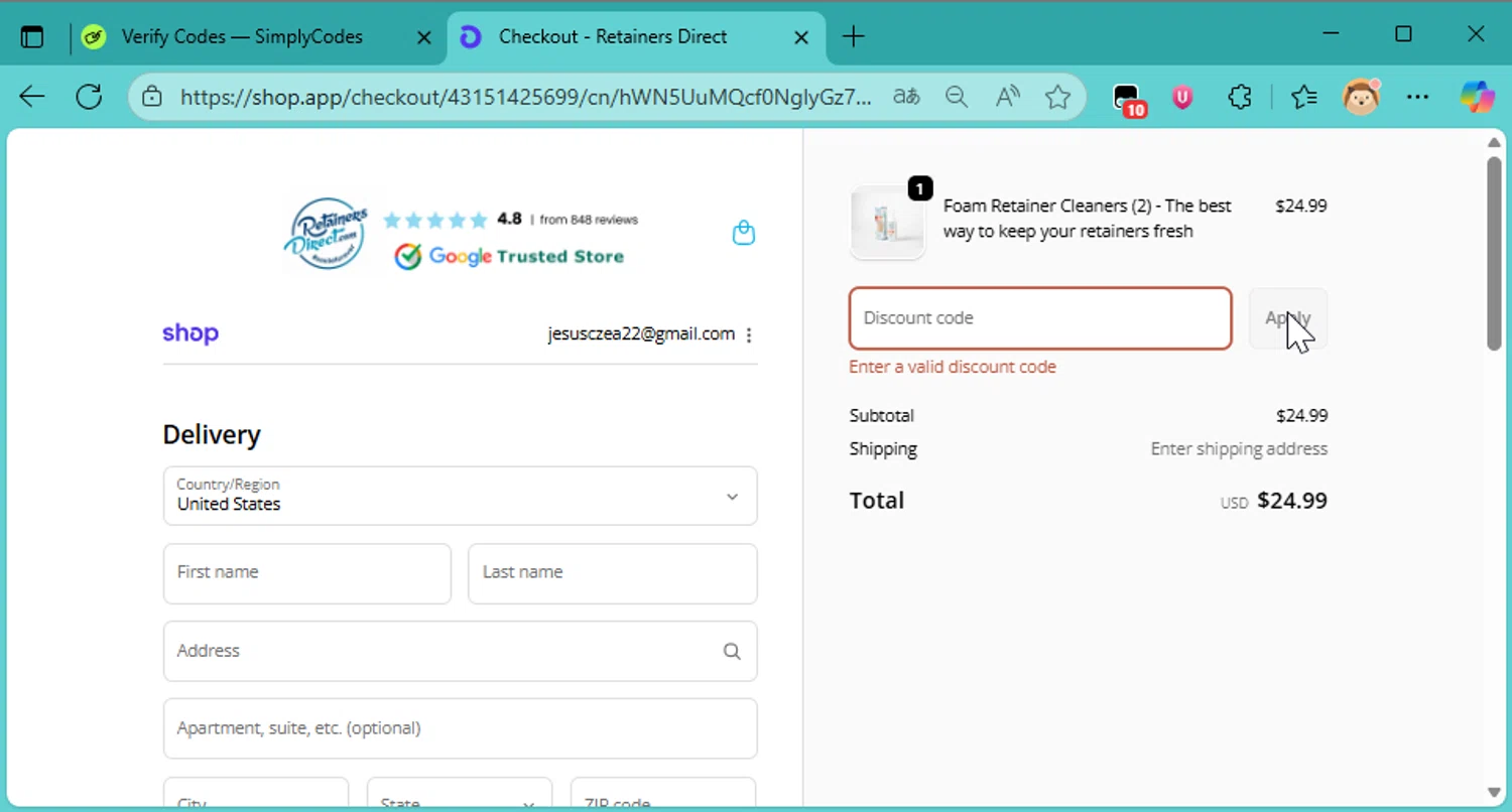 Retainers Direct discount code screenshot showing code OVERSTOCK applied at Retainers Direct checkout page. Uploaded by SimplyCodes community member DonutPunks on Nov 20, 2025