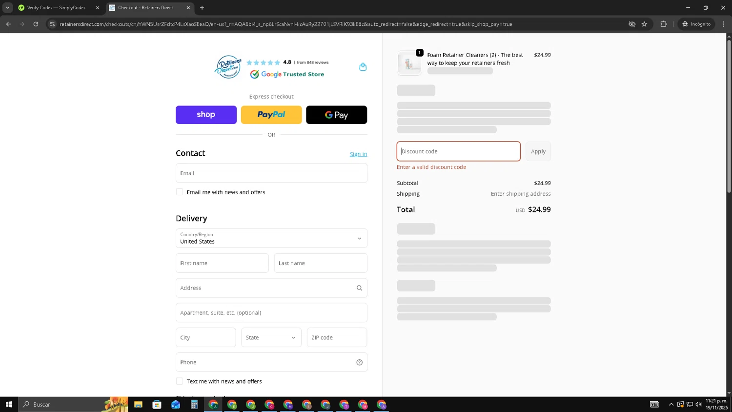 Retainers Direct discount code screenshot showing code OVERSTOCK applied at Retainers Direct checkout page. Uploaded by SimplyCodes community member HAOJIN on Nov 20, 2025