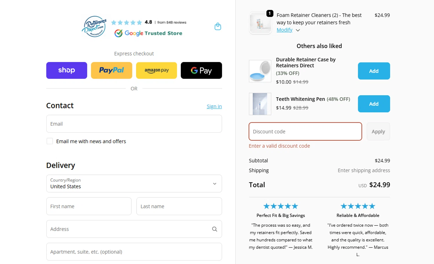 Retainers Direct discount code screenshot showing code OVERSTOCK applied at Retainers Direct checkout page. Uploaded by SimplyCodes community member Powerrangerazul on Nov 20, 2025
