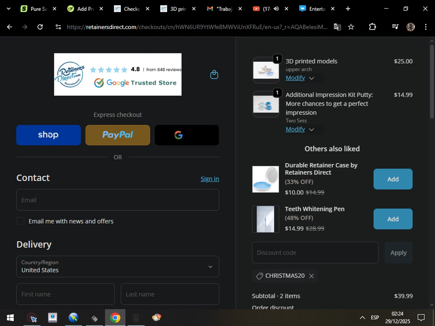 Retainers Direct discount code screenshot showing code CHRISTMAS20 applied at Retainers Direct checkout page. Uploaded by SimplyCodes community member MarcosAranguren on Dec 29, 2025