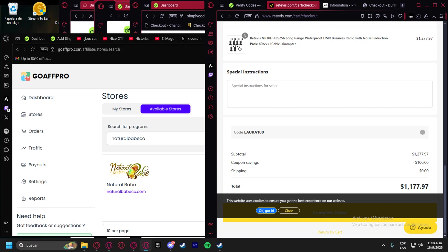 Retevis discount code screenshot showing code LAURA100 applied at Retevis checkout page. Uploaded by SimplyCodes community member Handivlak on Sep 18, 2025