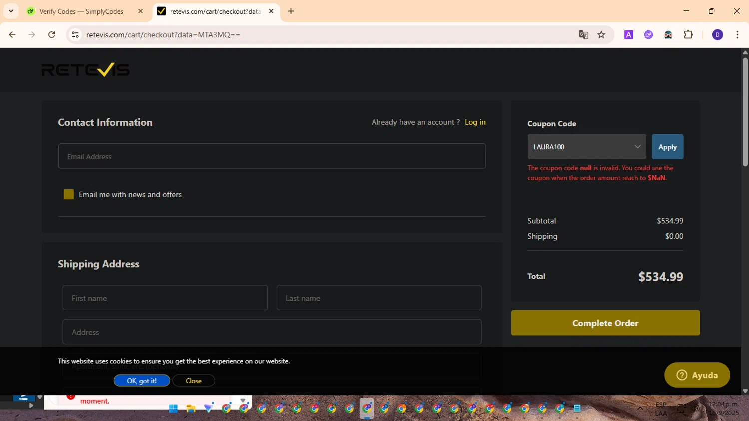 Retevis discount code screenshot showing code LAURA100 applied at Retevis checkout page. Uploaded by SimplyCodes community member MagnificentFinder9583 on Sep 16, 2025
