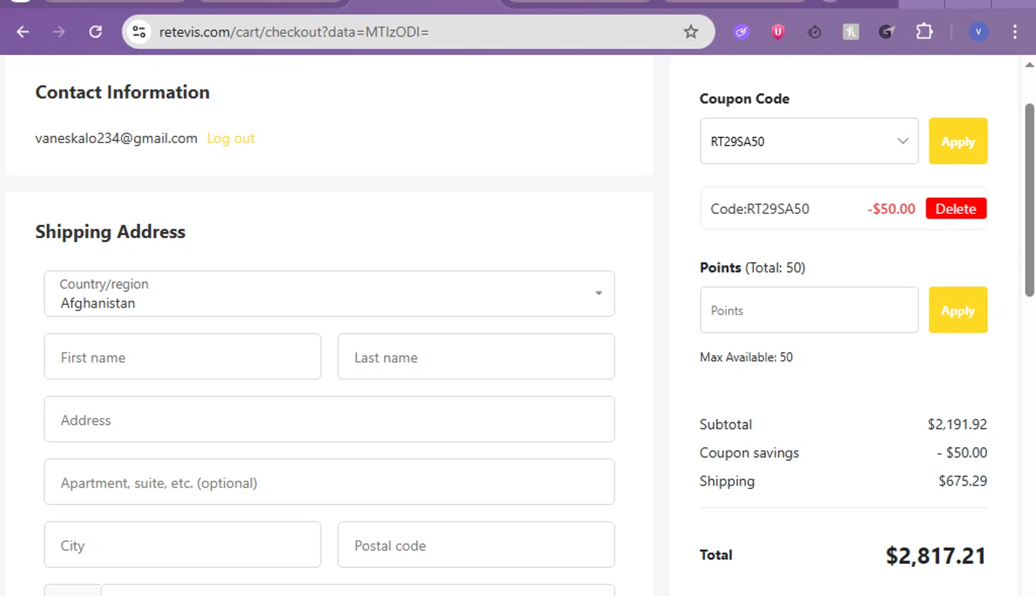 Retevis discount code screenshot showing code RT29SA50 applied at Retevis checkout page. Uploaded by SimplyCodes community member beatrizcastillo on Jan 19, 2026