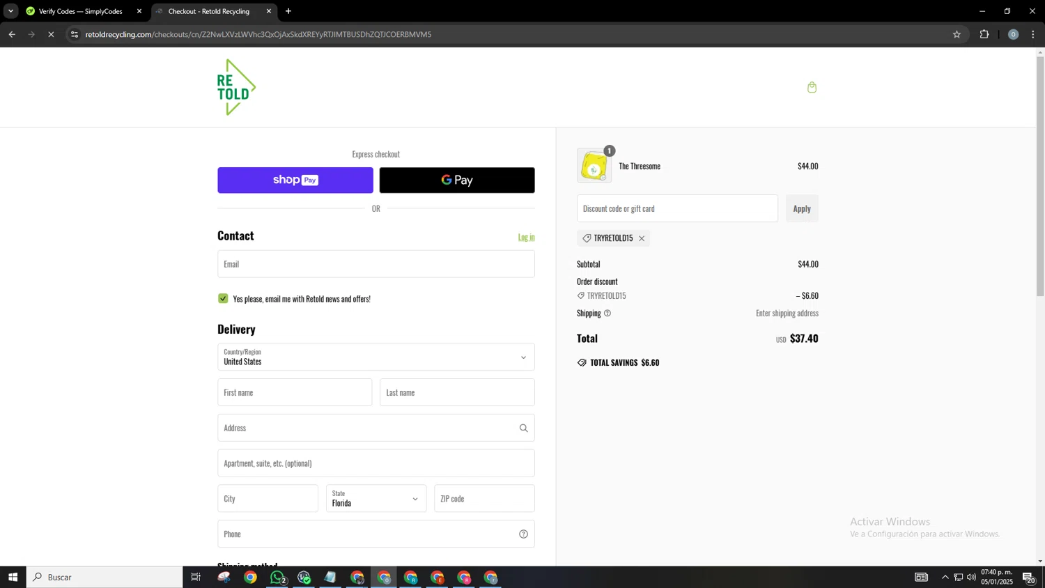 Retold recycling discount code screenshot showing code TRYRETOLD15 applied at Retold recycling checkout page. Uploaded by SimplyCodes community member Neonvalo on Jan 5, 2025