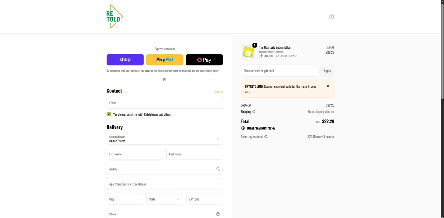 Retold recycling discount code screenshot showing code TRYRETOLD15 applied at Retold recycling checkout page. Uploaded by SimplyCodes community member SavvySaver9108 on Dec 28, 2025