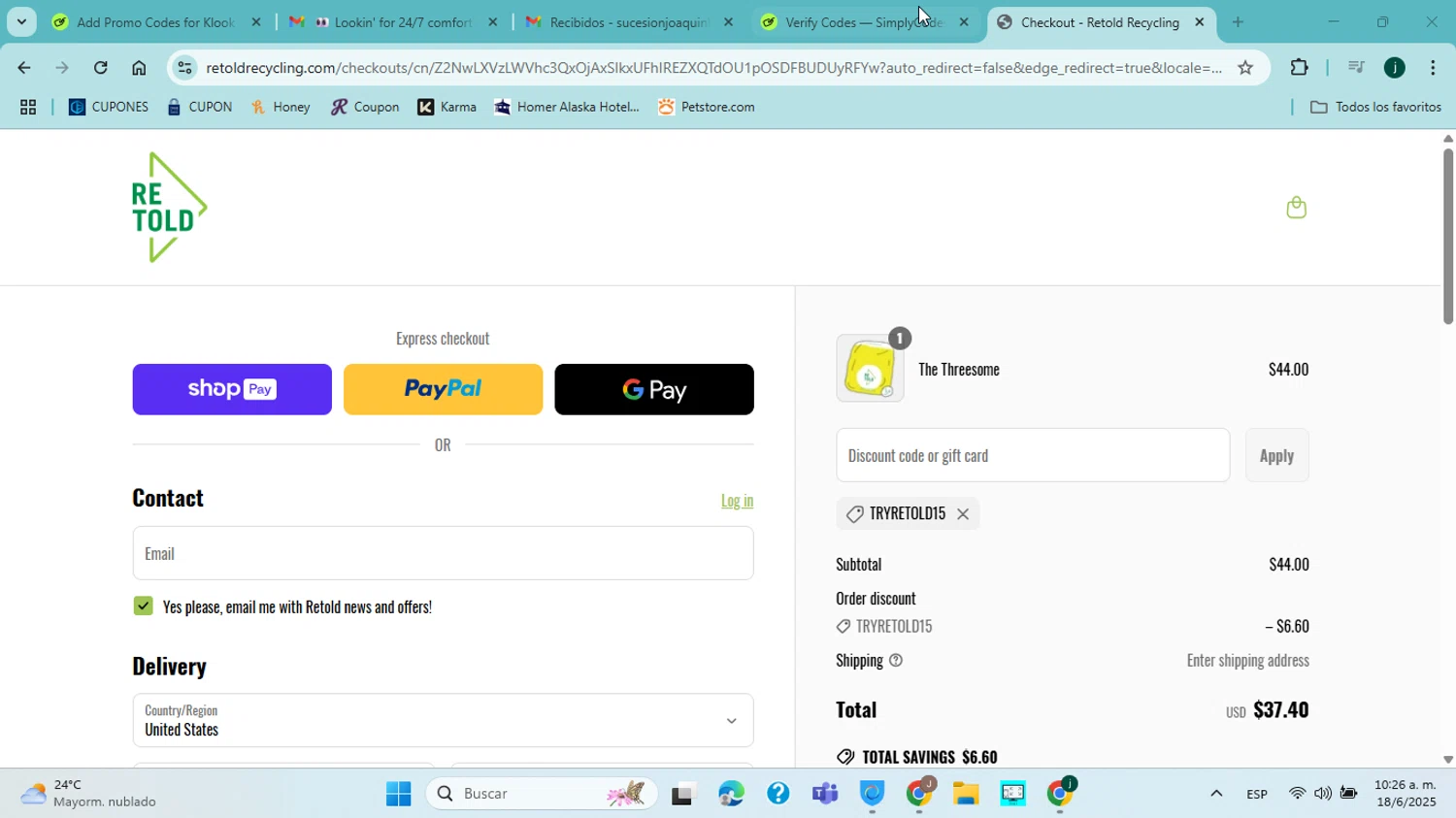 Retold recycling discount code screenshot showing code TRYRETOLD15 applied at Retold recycling checkout page. Uploaded by SimplyCodes community member jorgejavierherrera on Jun 18, 2025