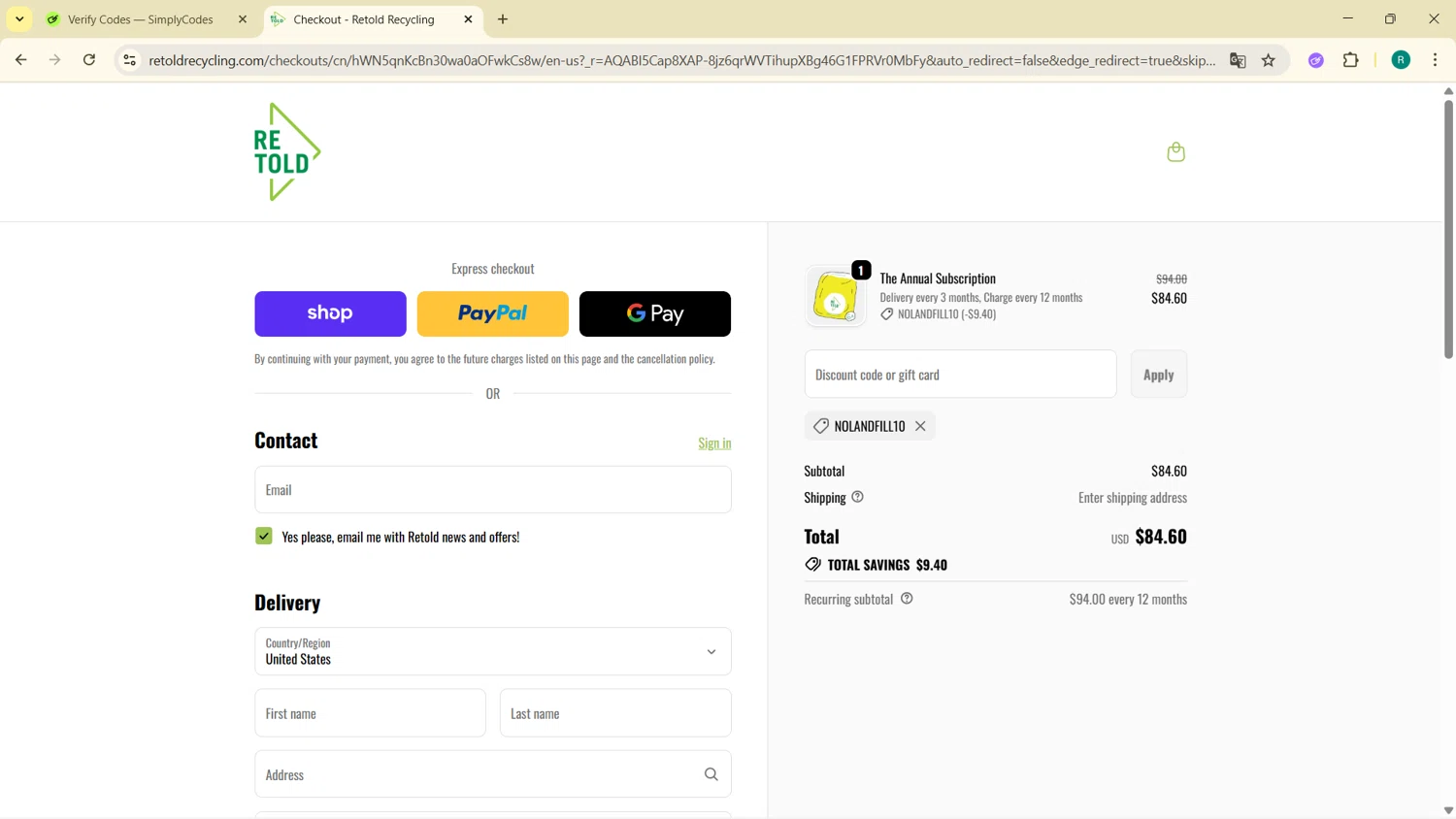 Retold recycling discount code screenshot showing code NOLANDFILL10 applied at Retold recycling checkout page. Uploaded by SimplyCodes community member BargainMonarch6495 on Nov 29, 2025