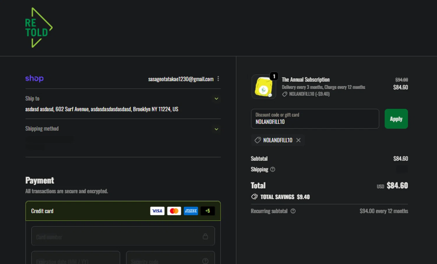 Retold recycling discount code screenshot showing code NOLANDFILL10 applied at Retold recycling checkout page. Uploaded by SimplyCodes community member jaimitoalcachofa on Nov 24, 2025