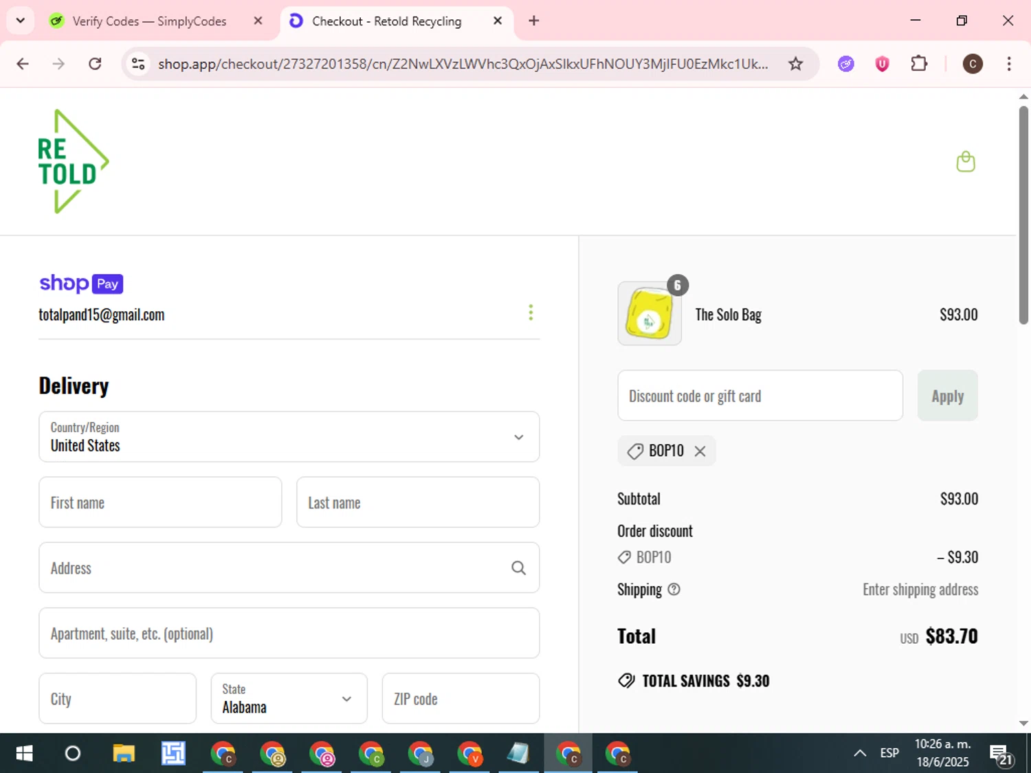 Retold recycling discount code screenshot showing code BOP10 applied at Retold recycling checkout page. Uploaded by SimplyCodes community member WonderCurator7831 on Jun 18, 2025