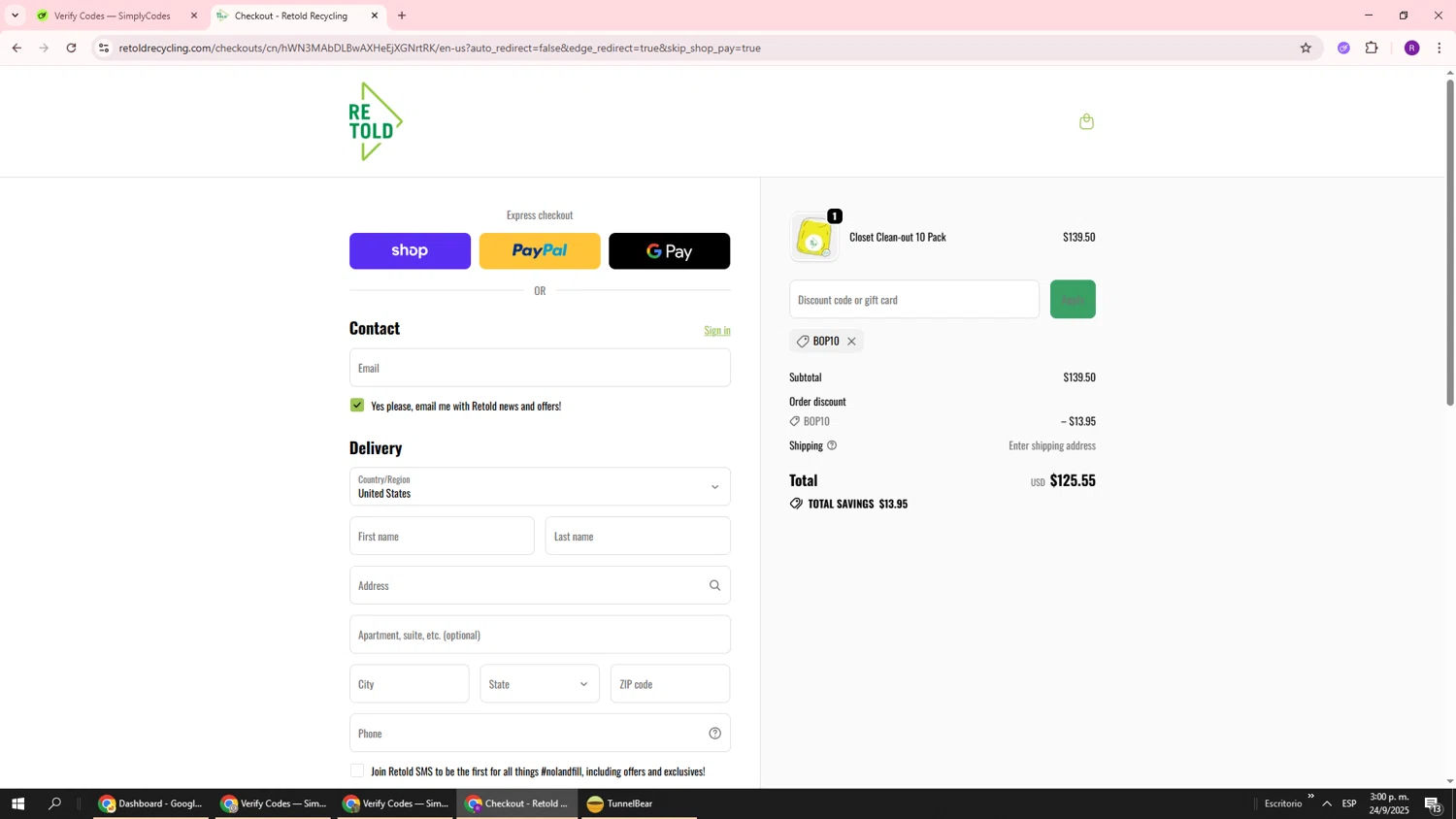 Retold recycling discount code screenshot showing code BOP10 applied at Retold recycling checkout page. Uploaded by SimplyCodes community member ukemochi on Sep 24, 2025