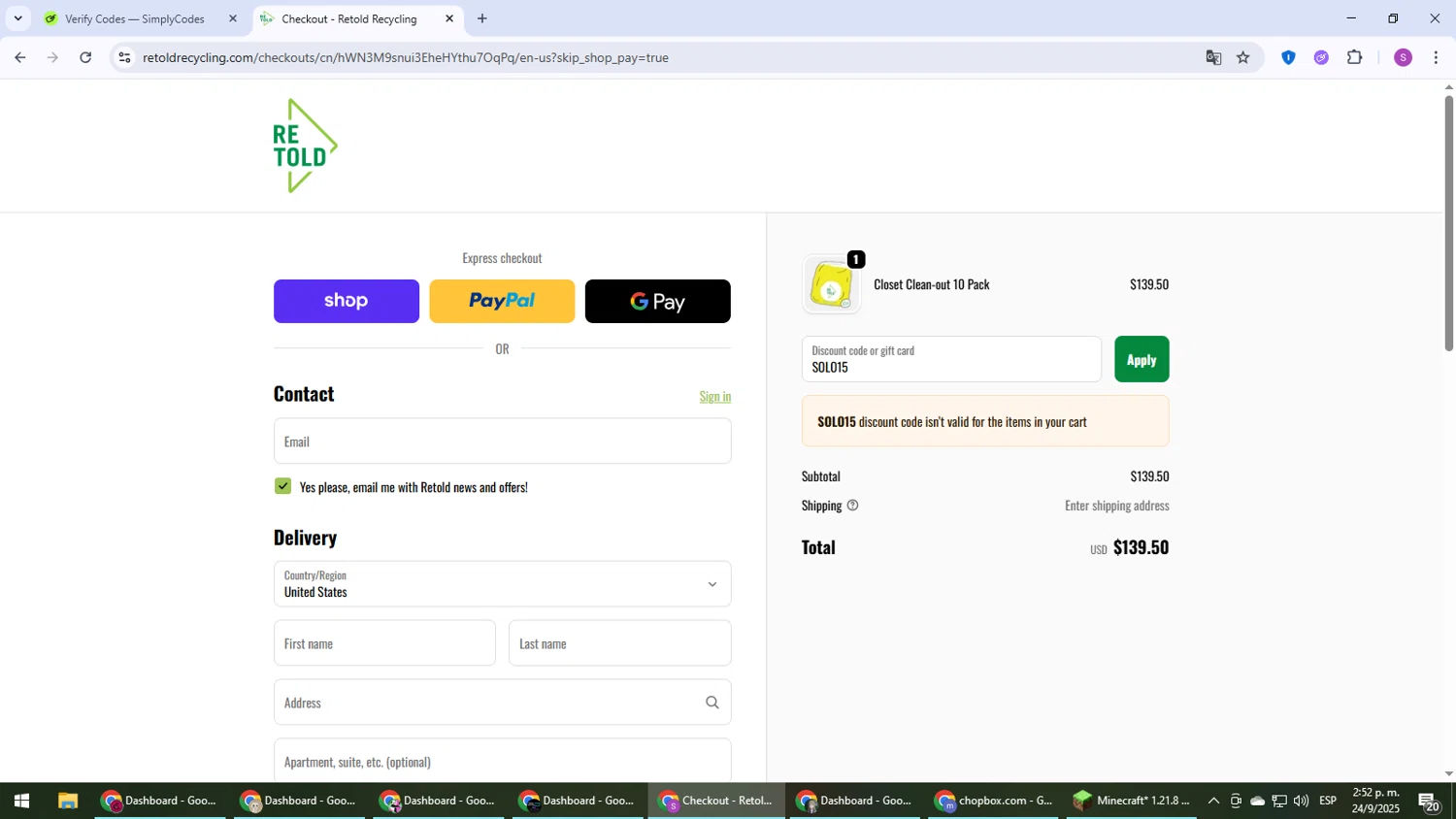 Retold recycling discount code screenshot showing code SOLO15 applied at Retold recycling checkout page. Uploaded by SimplyCodes community member Son_Goku on Sep 24, 2025