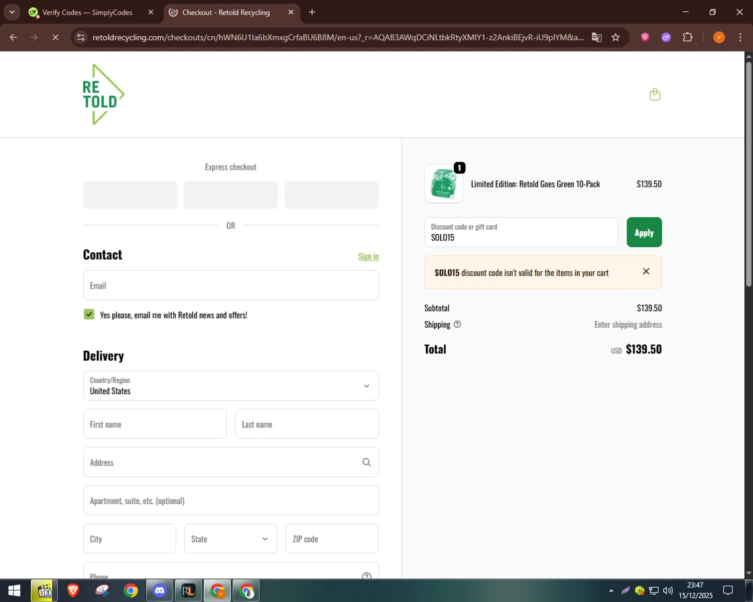 Retold recycling discount code screenshot showing code SOLO15 applied at Retold recycling checkout page. Uploaded by SimplyCodes community member bulbasaur69 on Dec 16, 2025