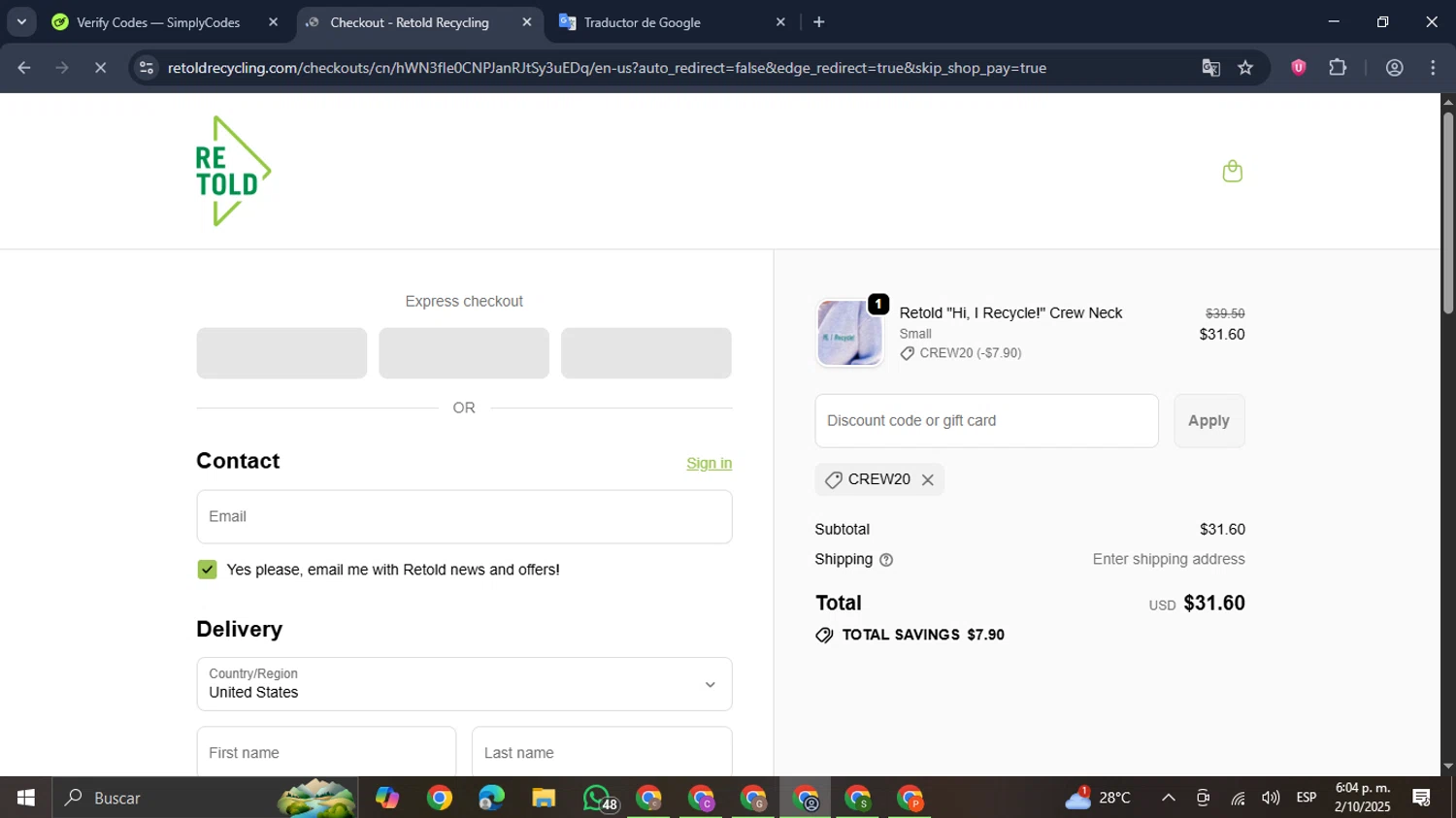 Retold recycling discount code screenshot showing code CREW20 applied at Retold recycling checkout page. Uploaded by SimplyCodes community member GloriousDefender7889 on Oct 2, 2025